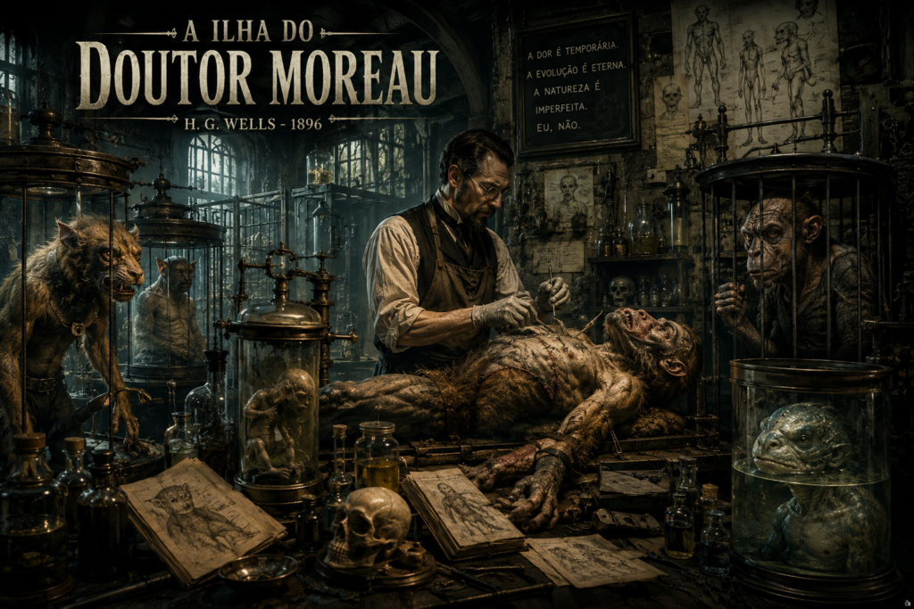Ilustração inspirada em A Ilha do Doutor Moreau, obra de ficção científica sobre ciência e ética