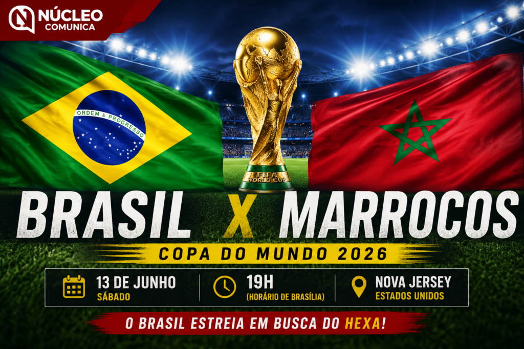 Arte de capa com Brasil x Marrocos, data, horário e local da estreia brasileira na Copa do Mundo de 2026