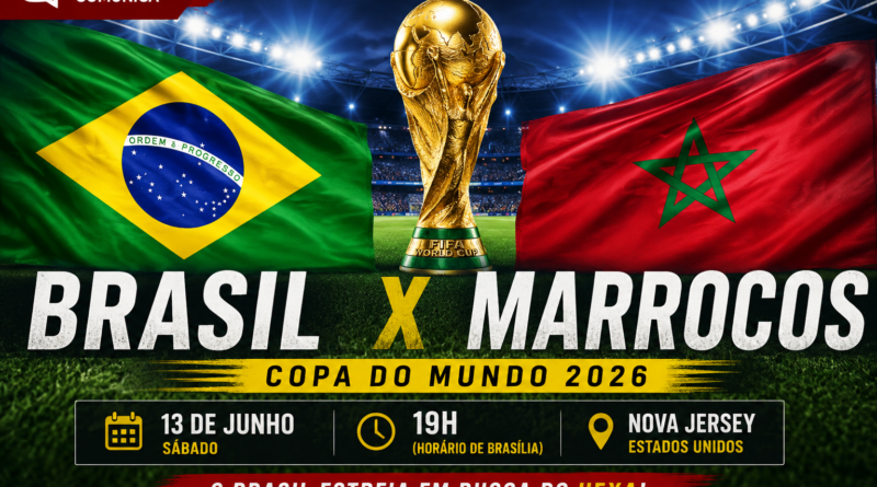 Arte de capa da estreia do Brasil contra Marrocos na Copa do Mundo de 2026, com data, horário e local da partida.