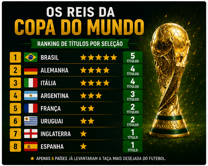 Painel reis da Copa com seleções campeãs do mundo.