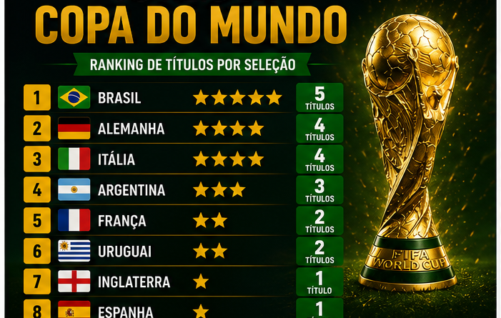 Arte de capa sobre seleções campeãs da Copa do Mundo e números históricos do futebol.