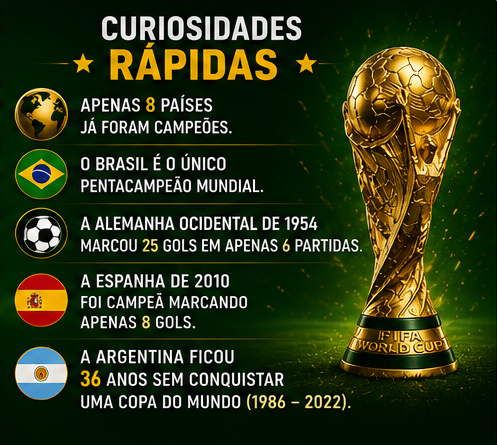 Painel com curiosidades rápidas sobre seleções campeãs da Copa do Mundo.