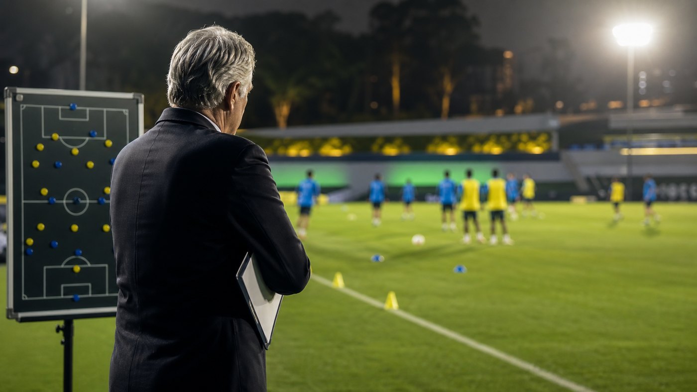 Treinador observa treino de futebol em referência à preparação da Seleção Brasileira para a Copa do Mundo de 2026