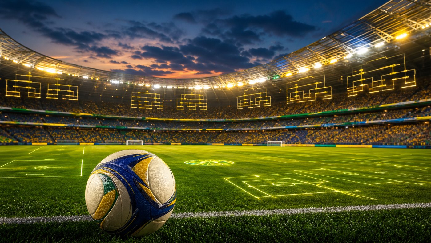 Estádio de futebol com elementos visuais representando o novo formato da Copa do Mundo de 2026