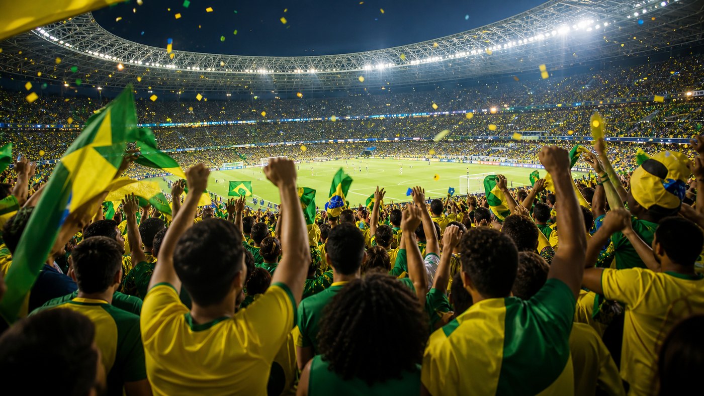 Torcida brasileira comemora em estádio durante partida de futebol