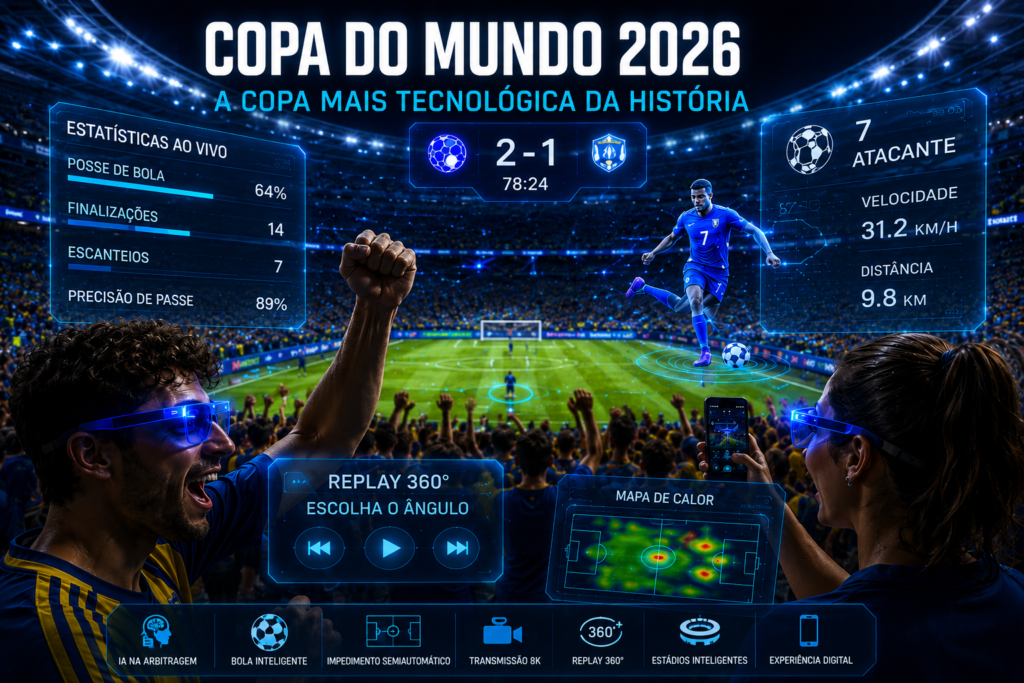 Estádio futurista representando as tecnologias da Copa do Mundo de 2026.