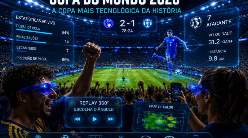 Estádio futurista representando as tecnologias da Copa do Mundo de 2026.