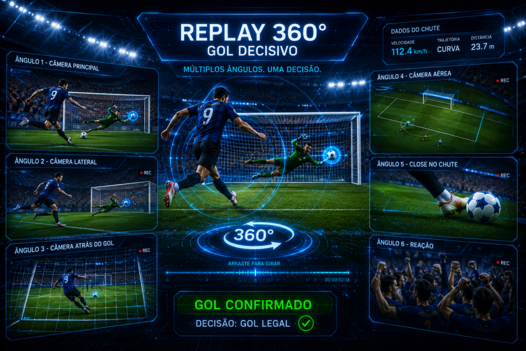 Replay em 360 graus de um gol decisivo com efeitos tecnológicos e múltiplos ângulos.