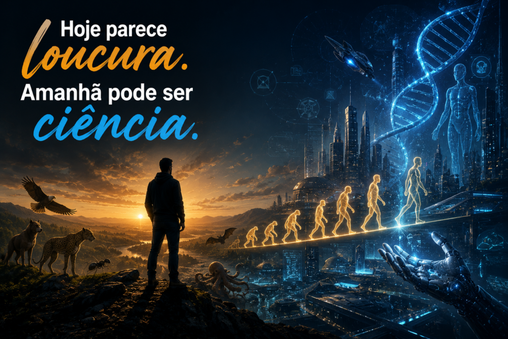 Ilustração futurista sobre adaptação, ciência e habilidades inspiradas na natureza