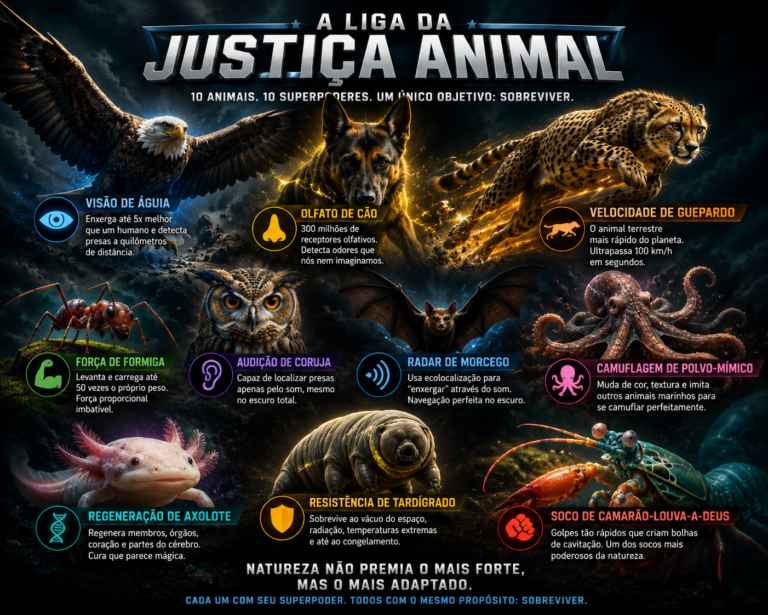 Montagem ilustrativa de animais com habilidades inspiradas em super-heróis da ficção científica.