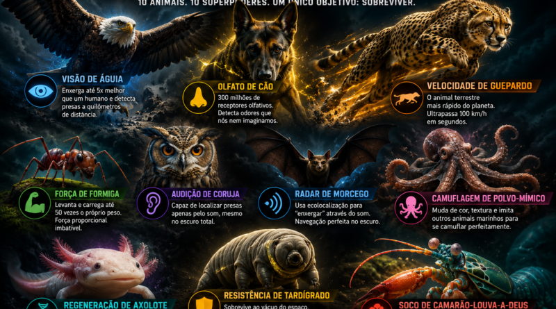 Montagem ilustrativa de animais com habilidades inspiradas em super-heróis da ficção científica.