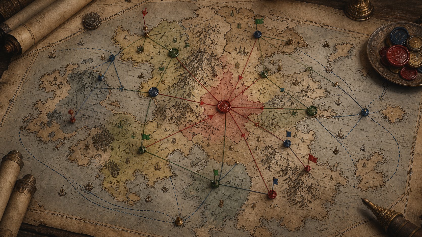 Mapa político fictício com rotas, alianças e interesses concorrentes em Westeros.