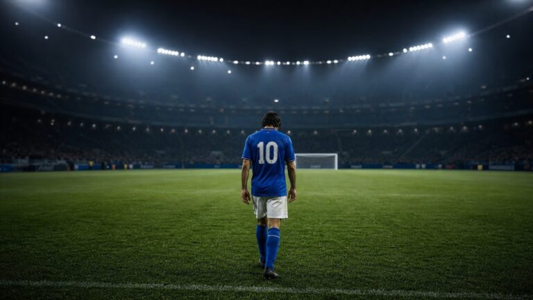 Jogador italiano de camisa azul número 10 caminhando sozinho no gramado após um pênalti perdido.
