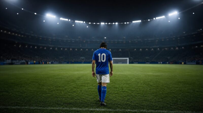 Jogador italiano de camisa azul número 10 caminhando sozinho no gramado após um pênalti perdido.