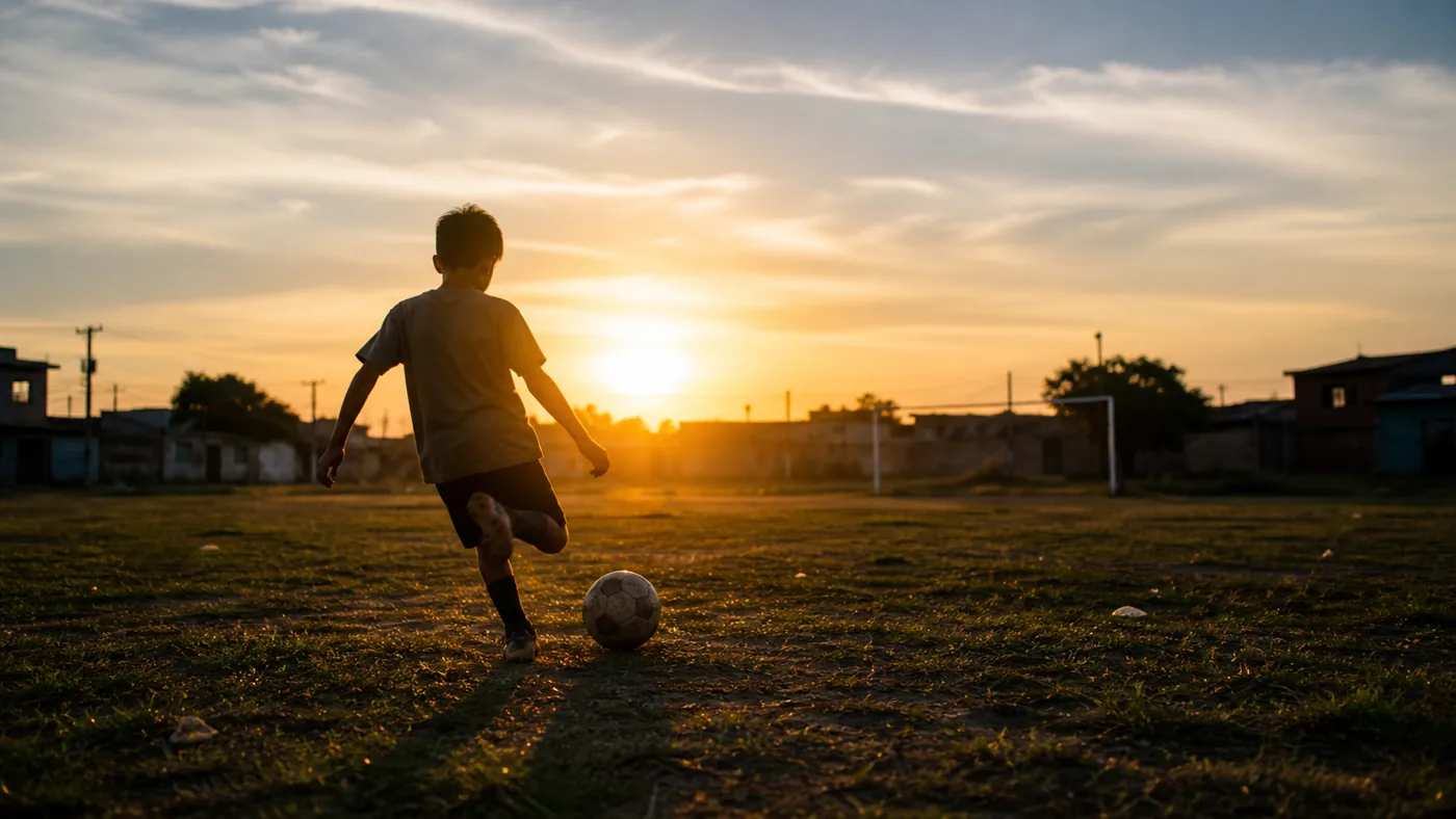Criança jogando futebol em campo simples ao pôr do sol.