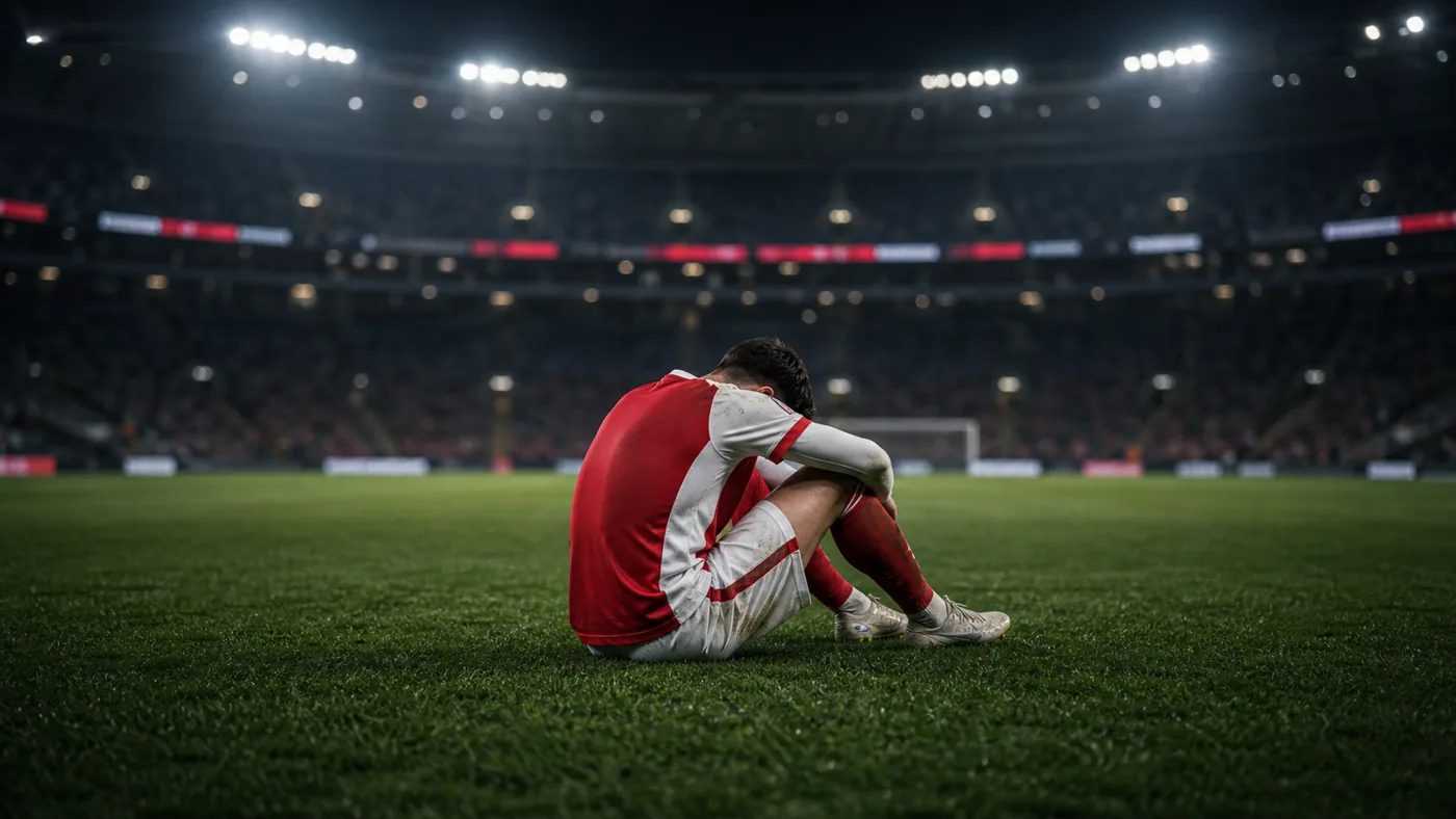 Jogador moderno sentado sozinho no gramado após uma decisão difícil.