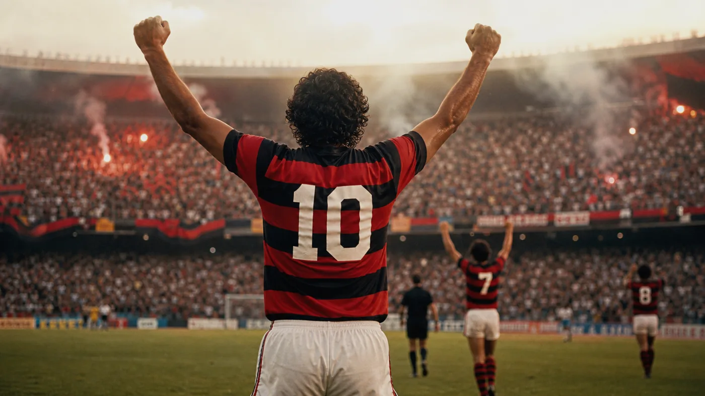 Jogador brasileiro de camisa 10 rubro-negra comemorando diante da torcida.