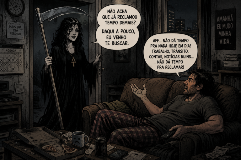 Ilustração em estilo de quadrinhos mostra a personagem Morte conversando com um homem cansado em uma sala escura