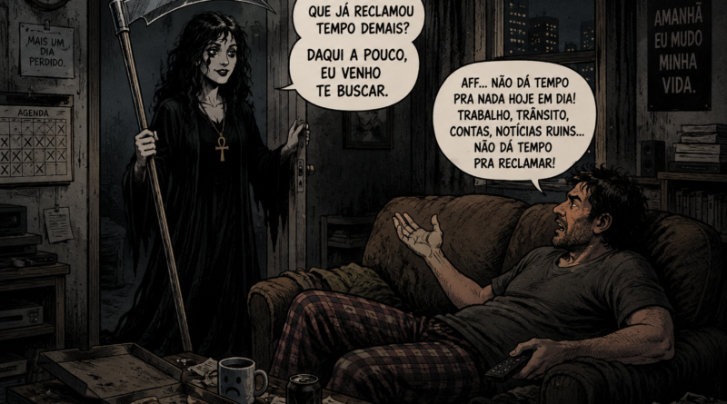 Ilustração em estilo de quadrinhos mostra a personagem Morte conversando com um homem cansado em uma sala escura
