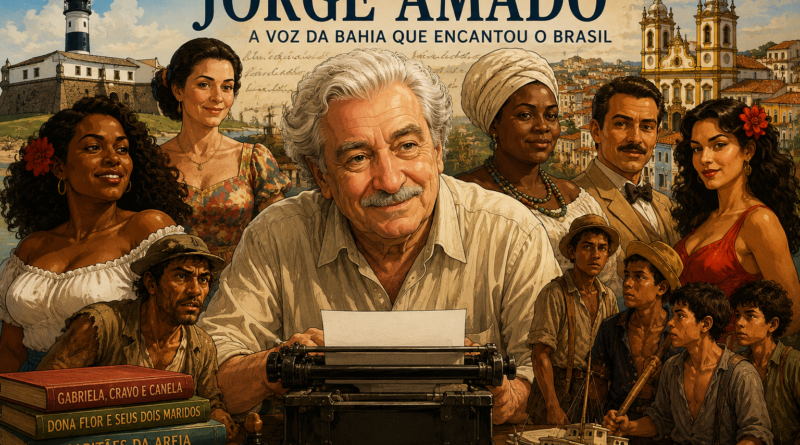 Charge artística homenageando Jorge Amado cercado por personagens inspirados em suas obras.