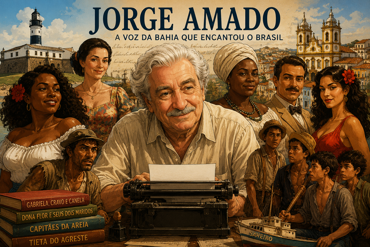 Charge artística homenageando Jorge Amado cercado por personagens inspirados em suas obras.