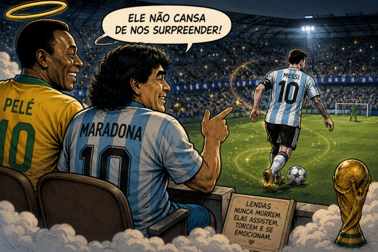 Charge mostrando Pelé e Maradona observando Messi em uma homenagem ao legado do futebol.