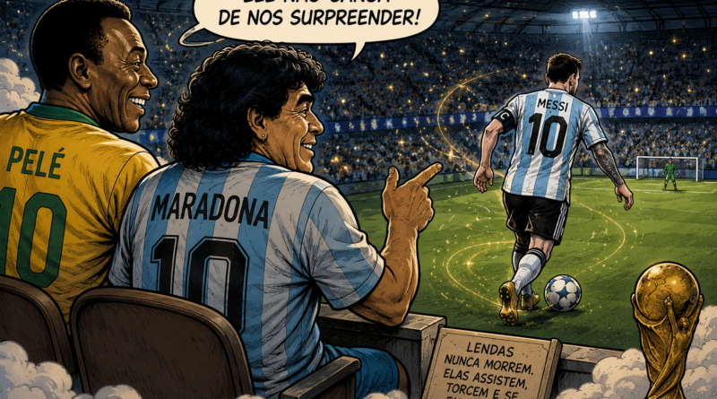 Charge mostrando Pelé e Maradona observando Messi em uma homenagem ao legado do futebol.