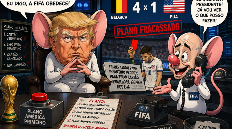 Charge inspirada em Pink e Cérebro satiriza a relação entre política, poder e futebol durante a Copa do Mundo.