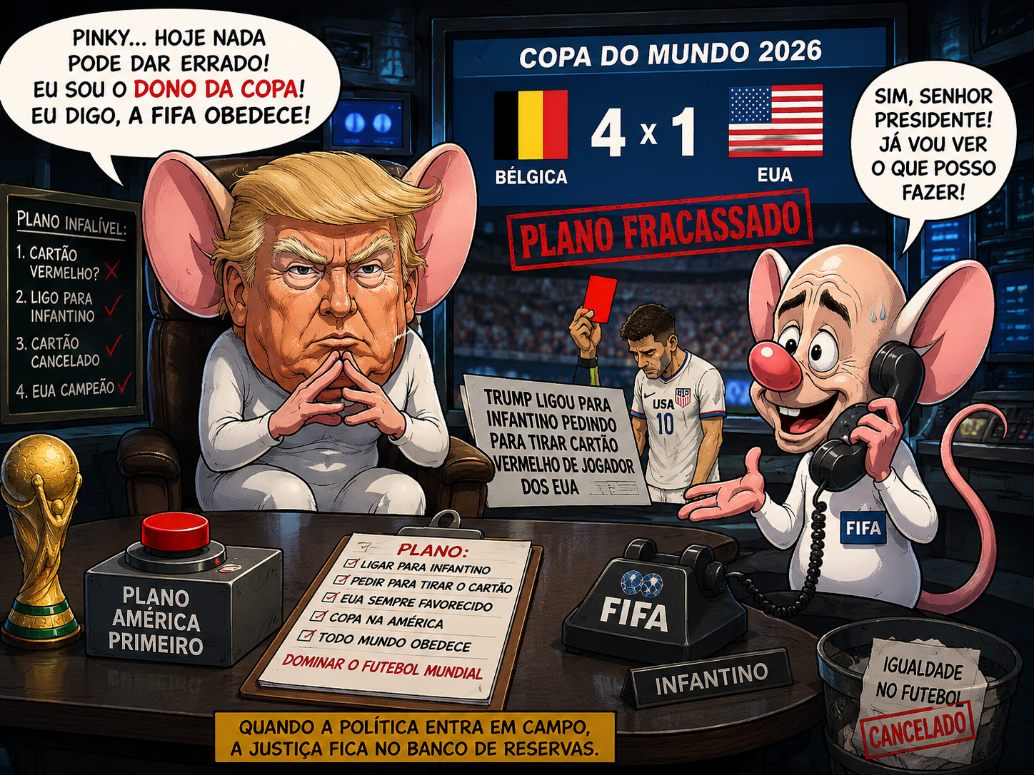 Charge inspirada em Pink e Cérebro satiriza a relação entre política, poder e futebol durante a Copa do Mundo.