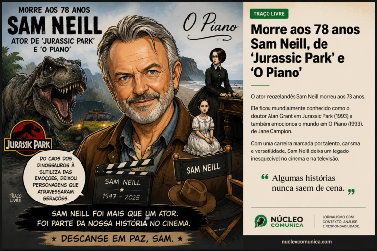 Charge em homenagem ao ator Sam Neill, destacando seu legado em Jurassic Park, O Piano e sua importância para o cinema.