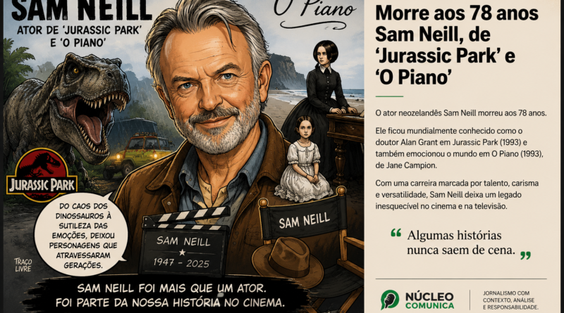 Charge em homenagem ao ator Sam Neill, destacando seu legado em Jurassic Park, O Piano e sua importância para o cinema.