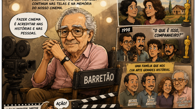 Homenagem ilustrada do Traço Livre a Luiz Carlos Barreto, sentado em uma cadeira de diretor ao lado de uma câmera e de referências à sua trajetória no cinema brasileiro.