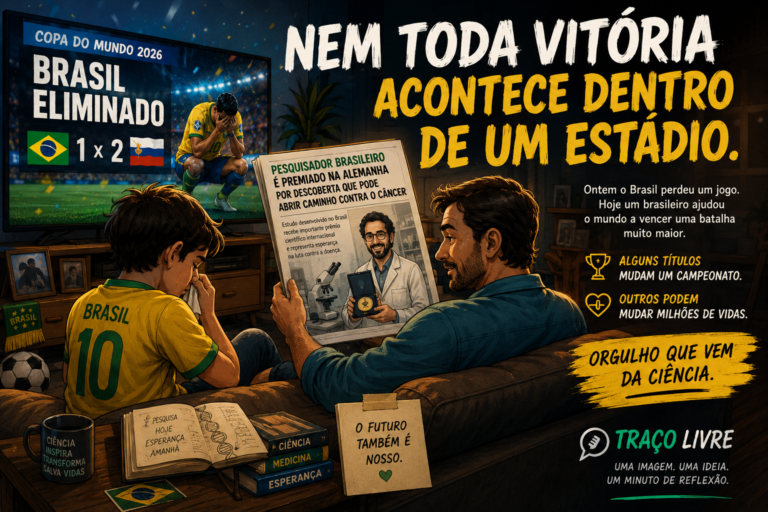 Charge mostra uma criança triste com a eliminação do Brasil da Copa enquanto o pai apresenta a notícia de um pesquisador brasileiro premiado por descoberta que pode abrir caminho contra o câncer.