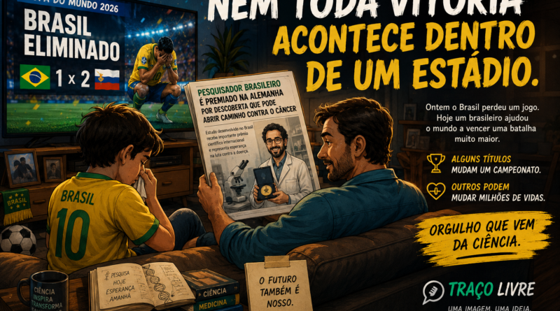 Charge mostra uma criança triste com a eliminação do Brasil da Copa enquanto o pai apresenta a notícia de um pesquisador brasileiro premiado por descoberta que pode abrir caminho contra o câncer.