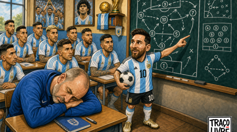 Charge do Traço Livre mostra Lionel Messi como professor em uma sala de aula de futebol, enquanto Thomas Tuchel dorme na primeira carteira e os jogadores argentinos acompanham atentamente a aula de tática.