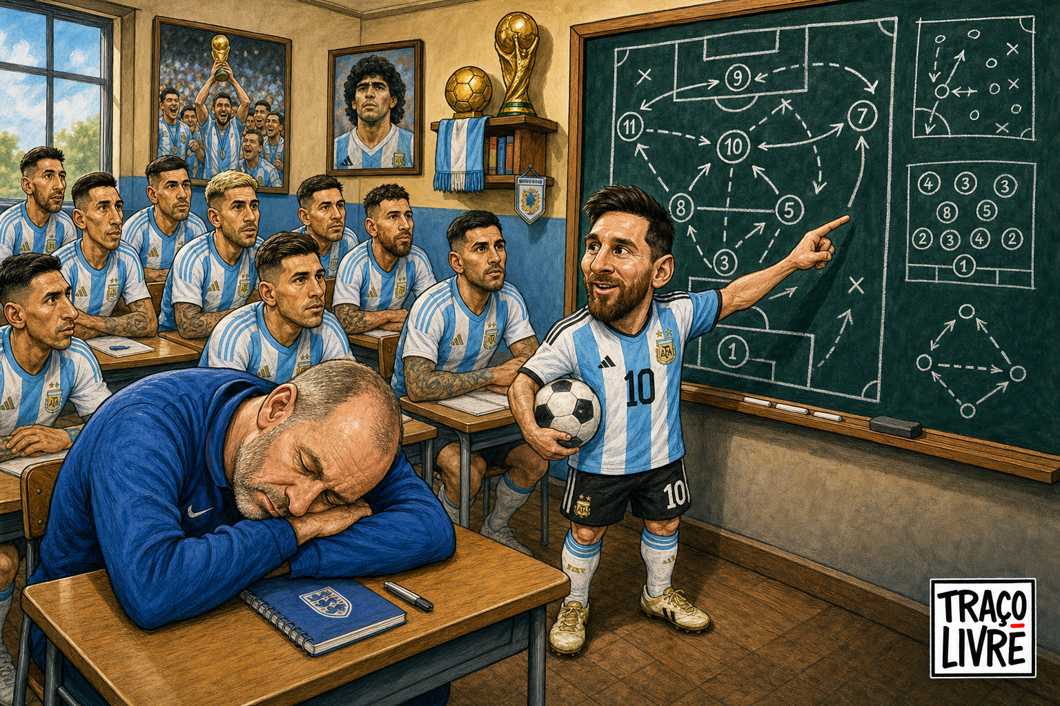 Charge do Traço Livre mostra Lionel Messi como professor em uma sala de aula de futebol, enquanto Thomas Tuchel dorme na primeira carteira e os jogadores argentinos acompanham atentamente a aula de tática.