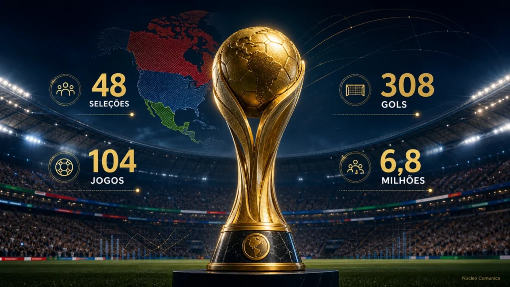 Taça de futebol diante de estádio lotado com os principais números e recordes da Copa do Mundo de 2026