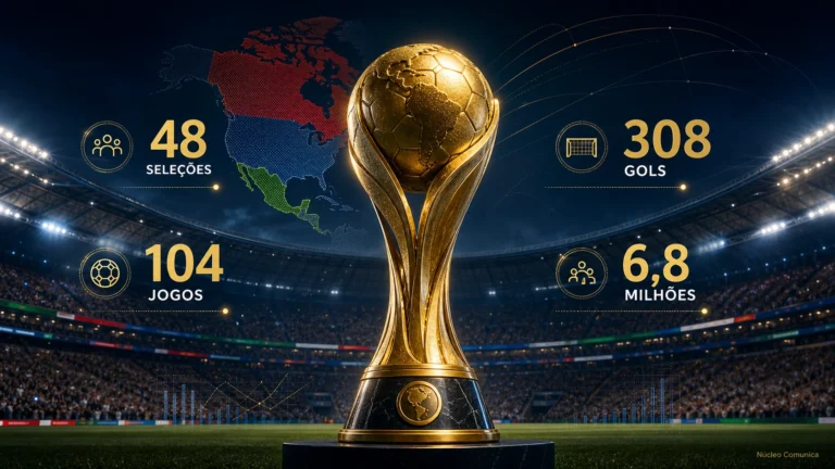 Taça de futebol diante de estádio lotado com os principais números e recordes da Copa do Mundo de 2026