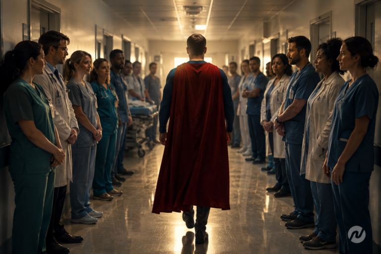 Homem vestido como super-herói em cena inspirada por New Amsterdam