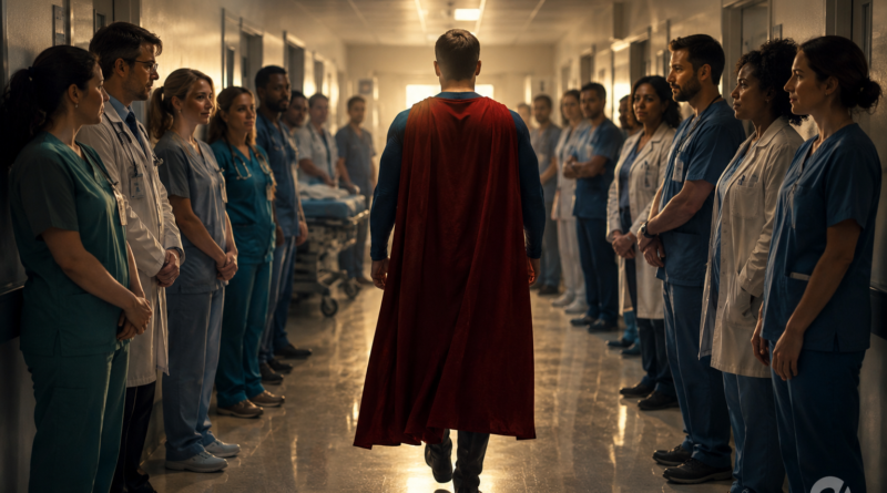 Homem vestido como super-herói em cena inspirada por New Amsterdam