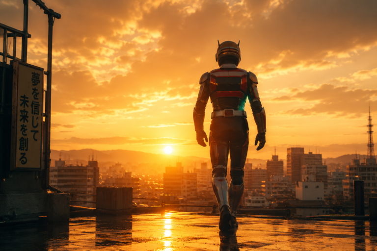 Figura inspirada em herói japonês no alto de um prédio ao pôr do sol, em referência a Jaspion e Hikaru Kurosaki.
