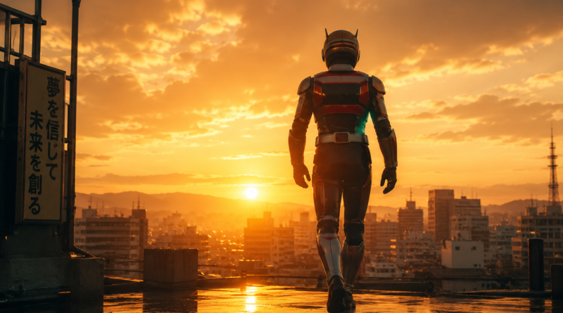 Figura inspirada em herói japonês no alto de um prédio ao pôr do sol, em referência a Jaspion e Hikaru Kurosaki.