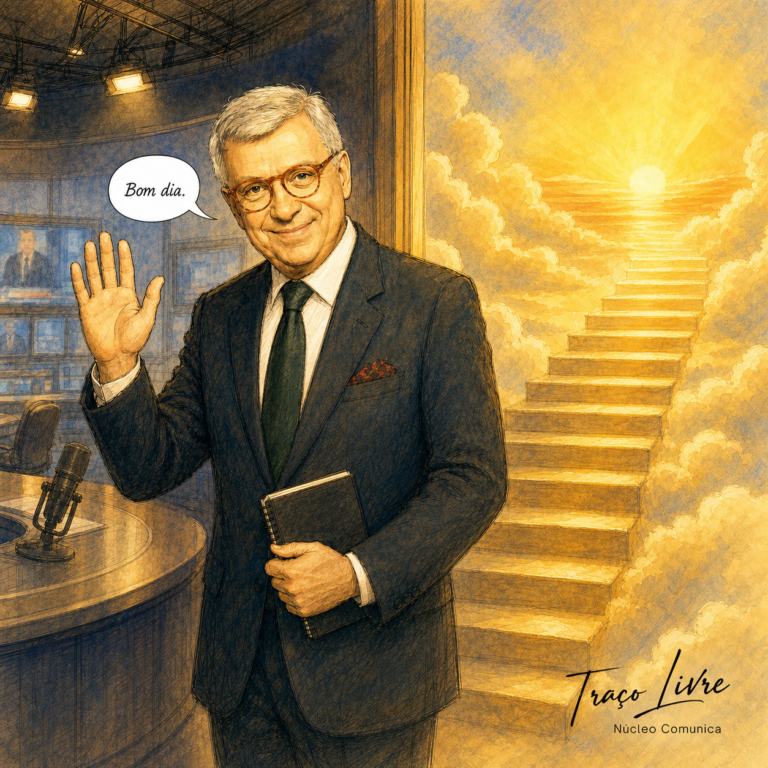 Charge do Traço Livre homenageia Renato Machado, que se despede com um gesto de bom dia diante de uma escada de luz entre as nuvens.