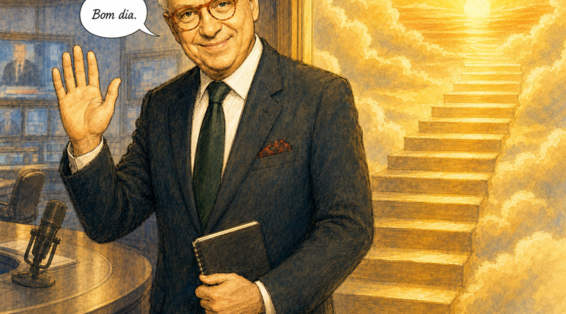 Charge do Traço Livre homenageia Renato Machado, que se despede com um gesto de bom dia diante de uma escada de luz entre as nuvens.
