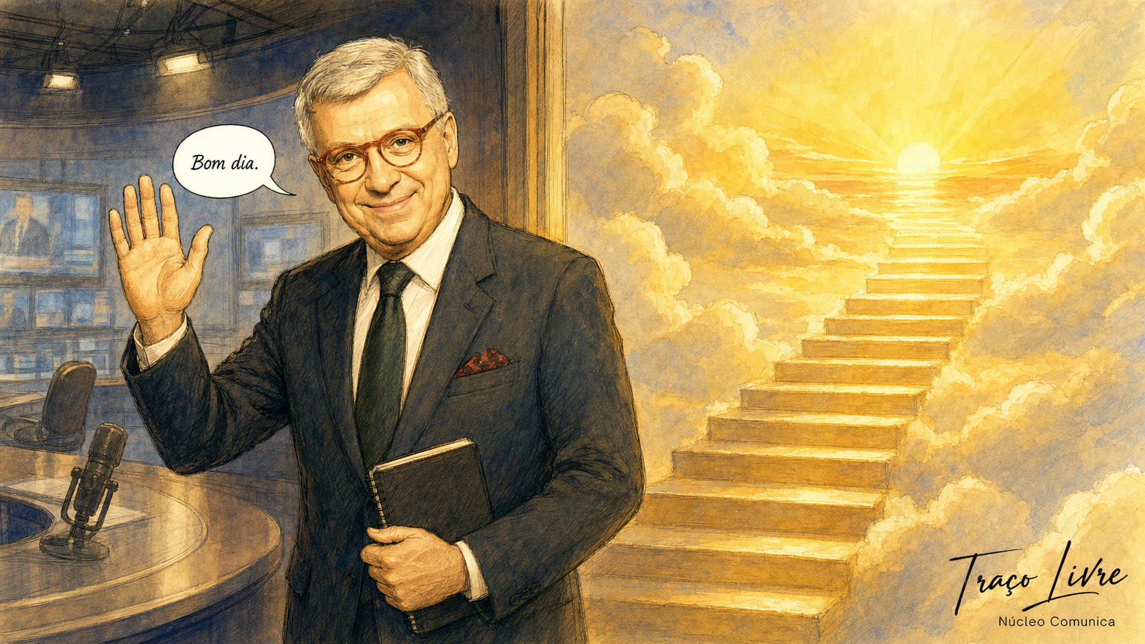Charge do Traço Livre homenageia Renato Machado, com cabelos grisalhos e óculos avermelhados, despedindo-se com um gesto de bom dia diante de uma escada de luz entre as nuvens.