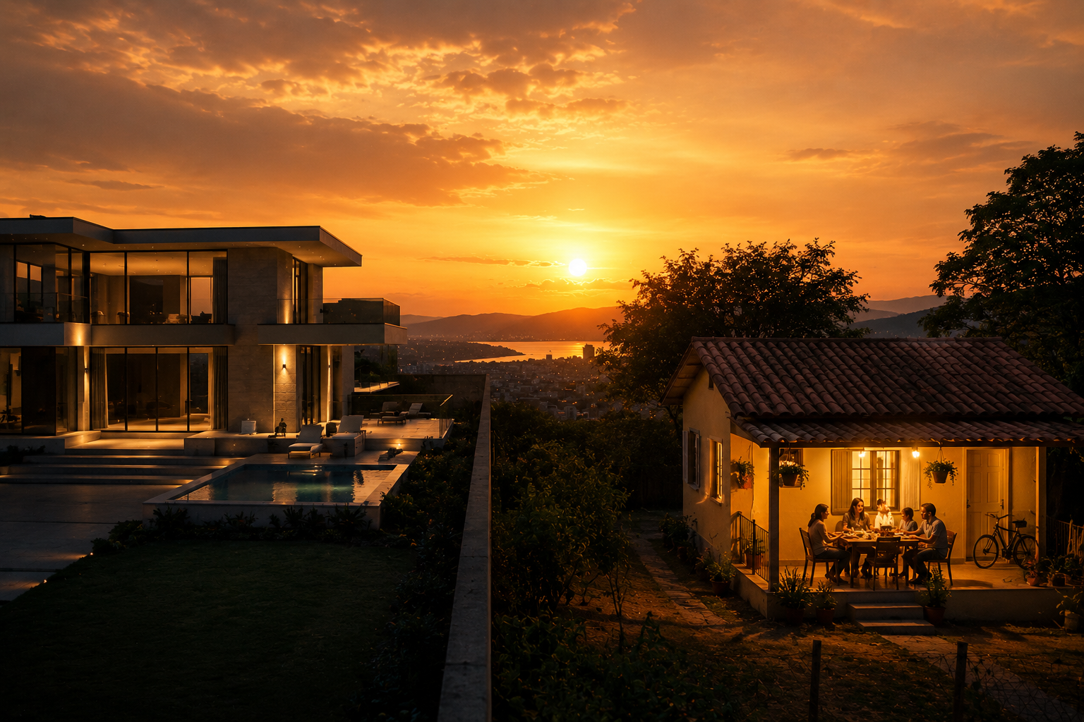 Casa simples e casa luxuosa ao pôr do sol, simbolizando escolhas diferentes de sucesso e felicidade.