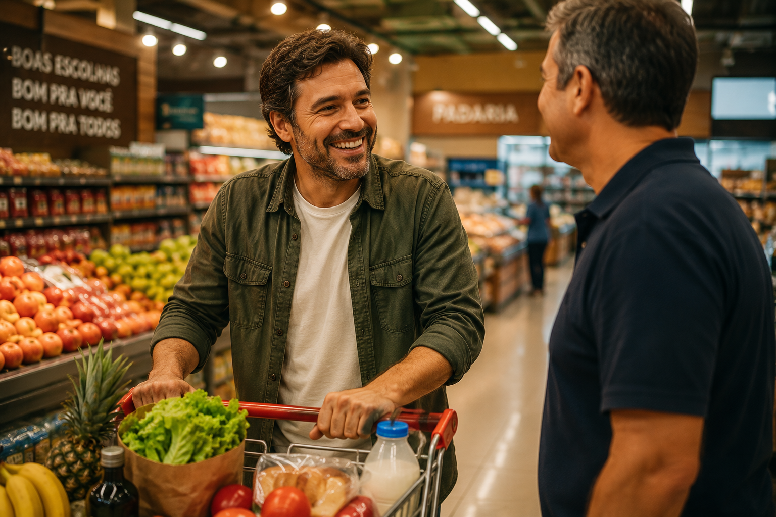 Homem conversando no corredor de um supermercado com carrinho de compras, representando a felicidade de uma vida comum.